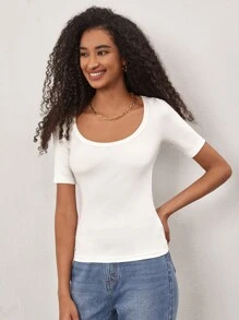 SHEIN BASICS Scoop Neck Rib-Knit Tee - White - View 6