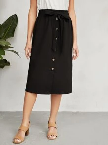 EMERY ROSE 前紐扣腰帶半身裙 - 黑色 - 查看 2
