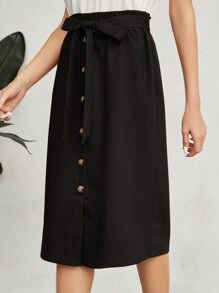 EMERY ROSE 前紐扣腰帶半身裙 - 黑色 - 查看 4