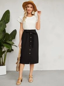 EMERY ROSE 前紐扣腰帶半身裙 - 黑色 - 查看 6