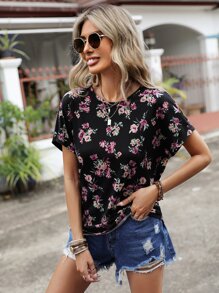 SHEIN LUNE Camiseta con estampado floral de manga murciélago - Multicolor - Ver 5