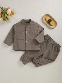 男嬰補丁貼口袋前排扣襯衫和褲子 - 棕色 - 查看 1