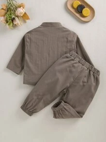 男嬰補丁貼口袋前排扣襯衫和褲子 - 棕色 - 查看 2