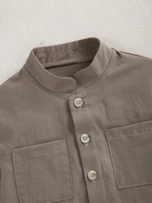 男嬰補丁貼口袋前排扣襯衫和褲子 - 棕色 - 查看 4