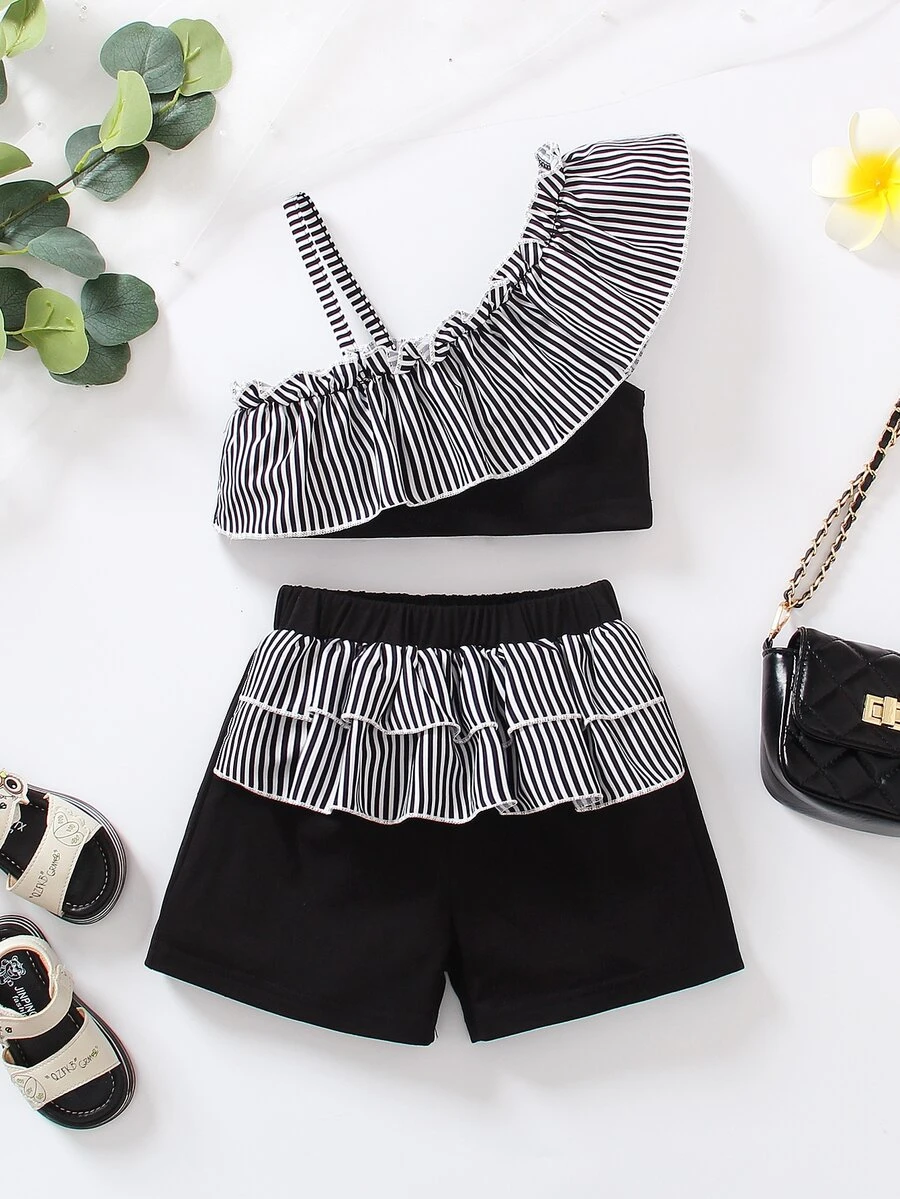 Niñas Shorts con top de rayas ribete con fruncido de cuello asimétrico - Blanco y Negro - Ver 1