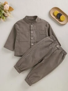 男嬰補丁貼口袋前排扣襯衫和褲子 - 棕色 - 查看 8