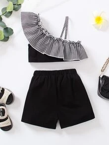Niñas Shorts con top de rayas ribete con fruncido de cuello asimétrico - Blanco y Negro - Ver 2