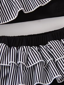 Niñas Shorts con top de rayas ribete con fruncido de cuello asimétrico - Blanco y Negro - Ver 5