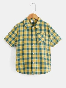 SHEIN 男孩格紋印花口袋貼布襯衫