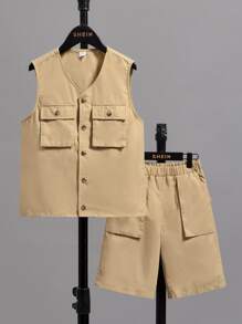 SHEIN Boys Flap Pocket Vest Jacket & Shorts Set Without Tee - Khaki - View 3