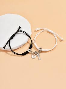 2 Chiếc/Bộ Vòng Tay Dệt Khóa Trái Tim Phù Hợp Cho Cặp Đôi, Quà Tặng Ngày Lễ Tình Nhân Cho Bạn Gái - Đen và trắng - Xem 3