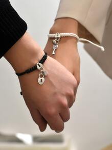 2 Chiếc/Bộ Vòng Tay Dệt Khóa Trái Tim Phù Hợp Cho Cặp Đôi, Quà Tặng Ngày Lễ Tình Nhân Cho Bạn Gái - Đen và trắng - Xem 4