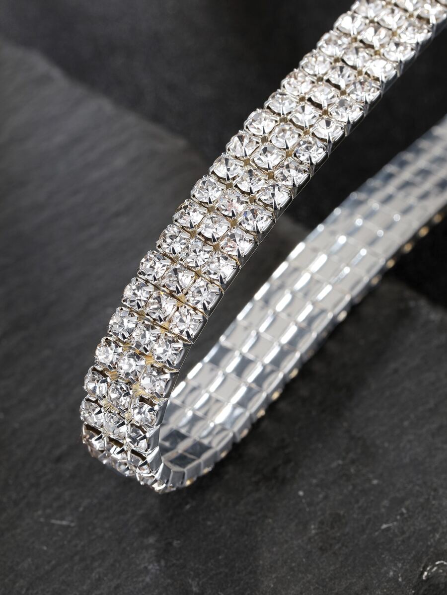 1pc Fashionable Simple & Luxurious Rhinestone Elastic Anklet, Versatile Style - Silver - View 1
