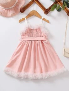小女童網紗拼接荷葉邊吊帶連衣裙 - 粉色 - 查看 2