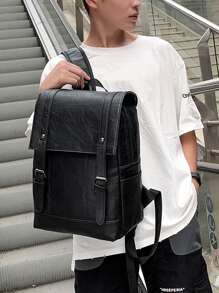 Men Studded Decor Satchel Backpack - Black - View 3