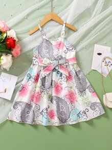 小女童花和佩斯利圖案吊帶洋裝