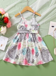 小女童花和佩斯利圖案吊帶洋裝