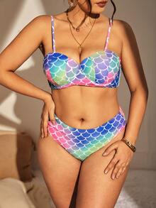Plus Size Fish Scale Print Push Up High Waist Bikini Set Summer Beach - Multicolor - View 4