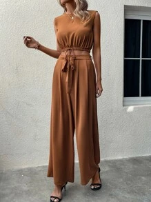 SHEIN LUNE 前繫帶短款背心和闊腿褲 - 棕色 - 查看 3