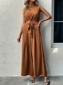 SHEIN LUNE 前繫帶短款背心和闊腿褲 - 棕色 - 查看 4