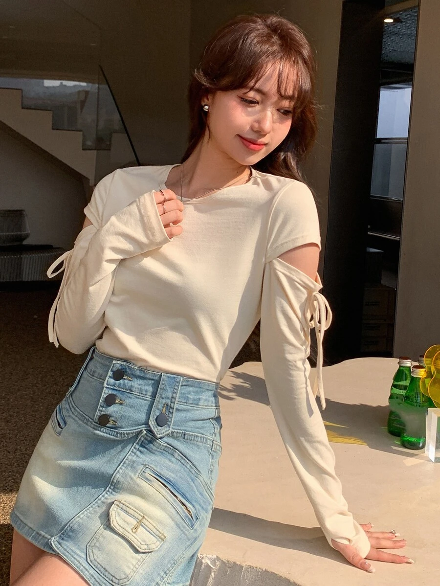 DAZY 镂空结边 T 恤外出上衣，秋季服装长袖女式上衣