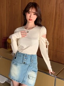 DAZY 镂空结边 T 恤外出上衣，秋季服装长袖女式上衣