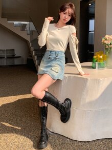 DAZY 镂空结边 T 恤外出上衣，秋季服装长袖女式上衣