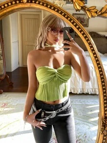 SHEIN ICON Twist Front Tie Backless Halter Top - Green - View 4