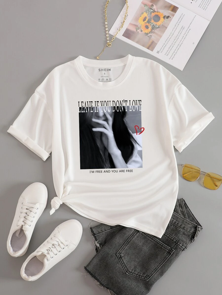 SHEIN EZwear Figure & Slogan Graphic Tee - White - View 1