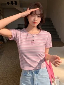 DAZY Cherry Embroidery Striped Print Tee,Crop Tops Women