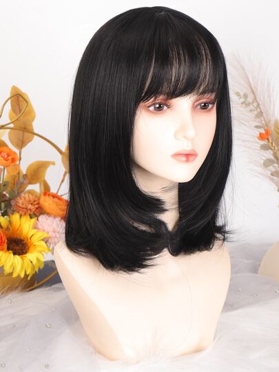 Short Straight Bob Wigs With Bangs Black Natural Synthetic Hair For Women Daily Cosplay Heat Resistant Fiber