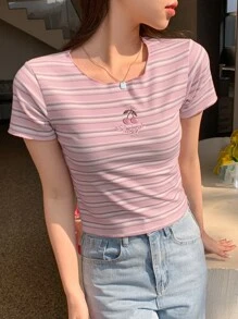 DAZY Cherry Embroidery Striped Print Tee,Crop Tops Women