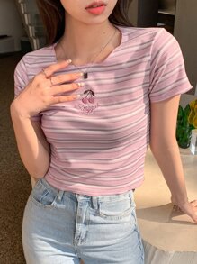 DAZY Cherry Embroidery Striped Print Tee,Crop Tops Women