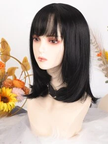 Short Straight Bob Wigs With Bangs Black Natural Synthetic Hair For Women Daily Cosplay Heat Resistant Fiber
