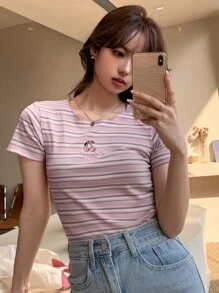 DAZY Cherry Embroidery Striped Print Tee,Crop Tops Women