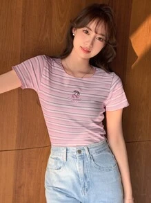 DAZY Cherry Embroidery Striped Print Tee,Crop Tops Women