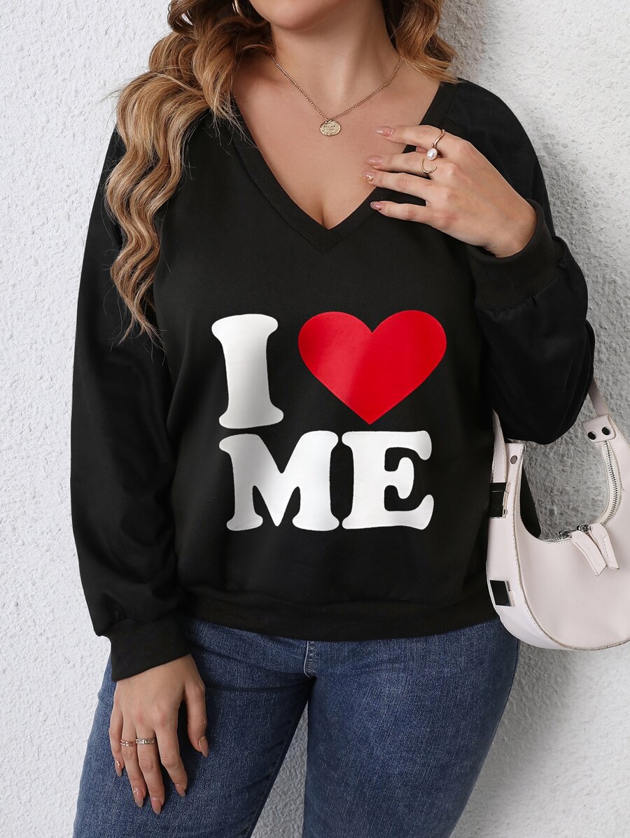 SHEIN LUNE Sudadera con estampado de corazón y slogan de manga raglán - Negro - Ver 1
