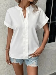 SHEIN Clasi Notched Neck Batwing Sleeve Blouse - White - View 6