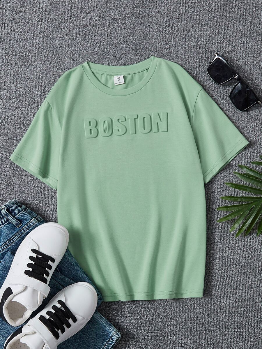 SHEIN 男孩字母圖案T恤 - 薄荷綠 - 查看 1