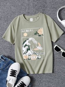 SHEIN 男孩波浪和日文字元圖案T恤 - 薄荷綠 - 查看 1