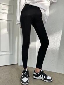 DAZY Solid Elastic Waist Leggings Fall Tights - Black - View 6