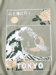 SHEIN 男孩波浪和日文字元圖案T恤 - 薄荷綠 - 查看 3