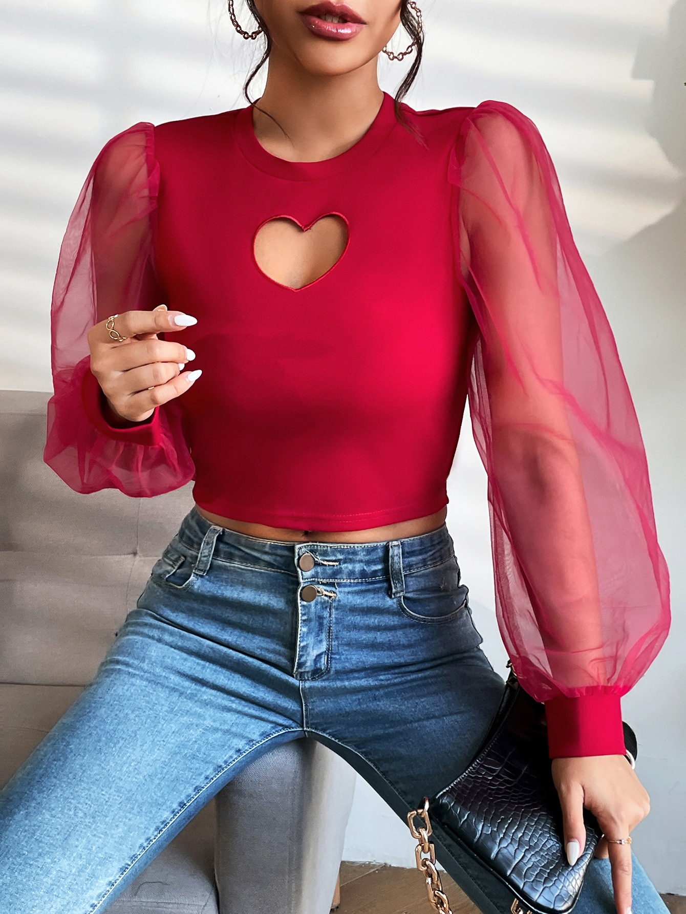 SHEIN BAE Heart Cut Out Front Contrast Mesh Lantern Sleeve Crop Top