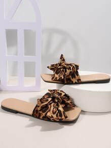 蝴蝶结装饰带女士平底凉鞋，时尚日常一脚蹬方头拖鞋