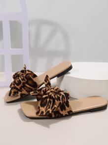 蝴蝶结装饰带女士平底凉鞋，时尚日常一脚蹬方头拖鞋