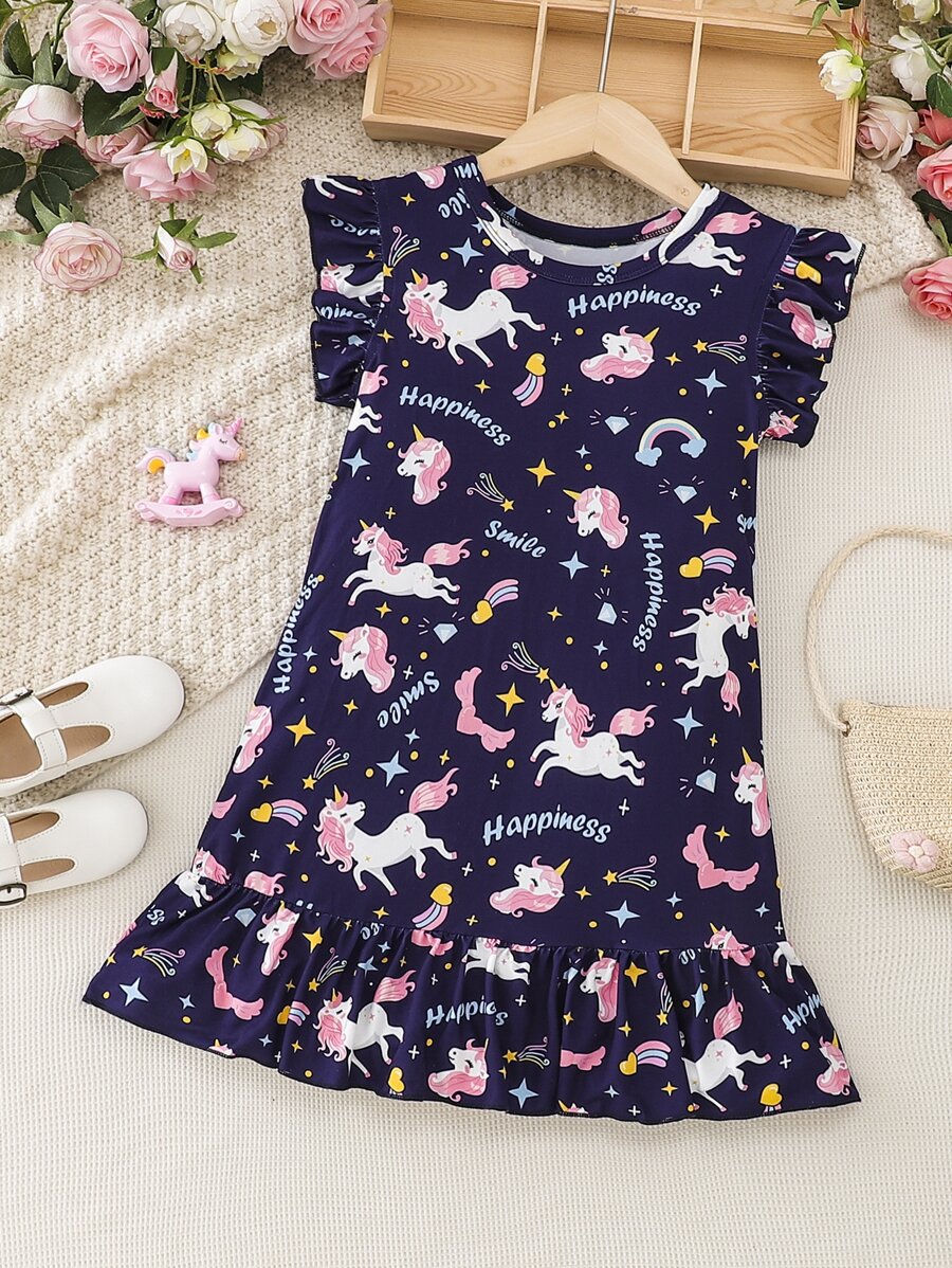 Toddler Girls Unicorn & Letter Graphic Ruffle Hem Smock Dress - Navy Blue - View 1