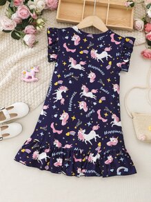Toddler Girls Unicorn & Letter Graphic Ruffle Hem Smock Dress - Navy Blue - View 2