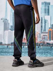 ROMWE MEN Street Life 男士字母圖案腰部抽繩長褲 - 黑色 - 查看 2