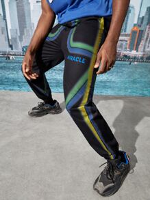 ROMWE MEN Street Life 男士字母圖案腰部抽繩長褲 - 黑色 - 查看 3