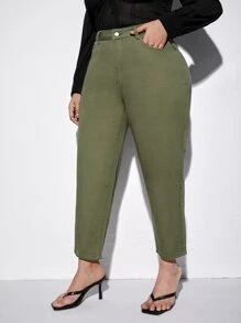 Plus High Waist Slant Pocket Mom Jeans - Army Green - View 3
